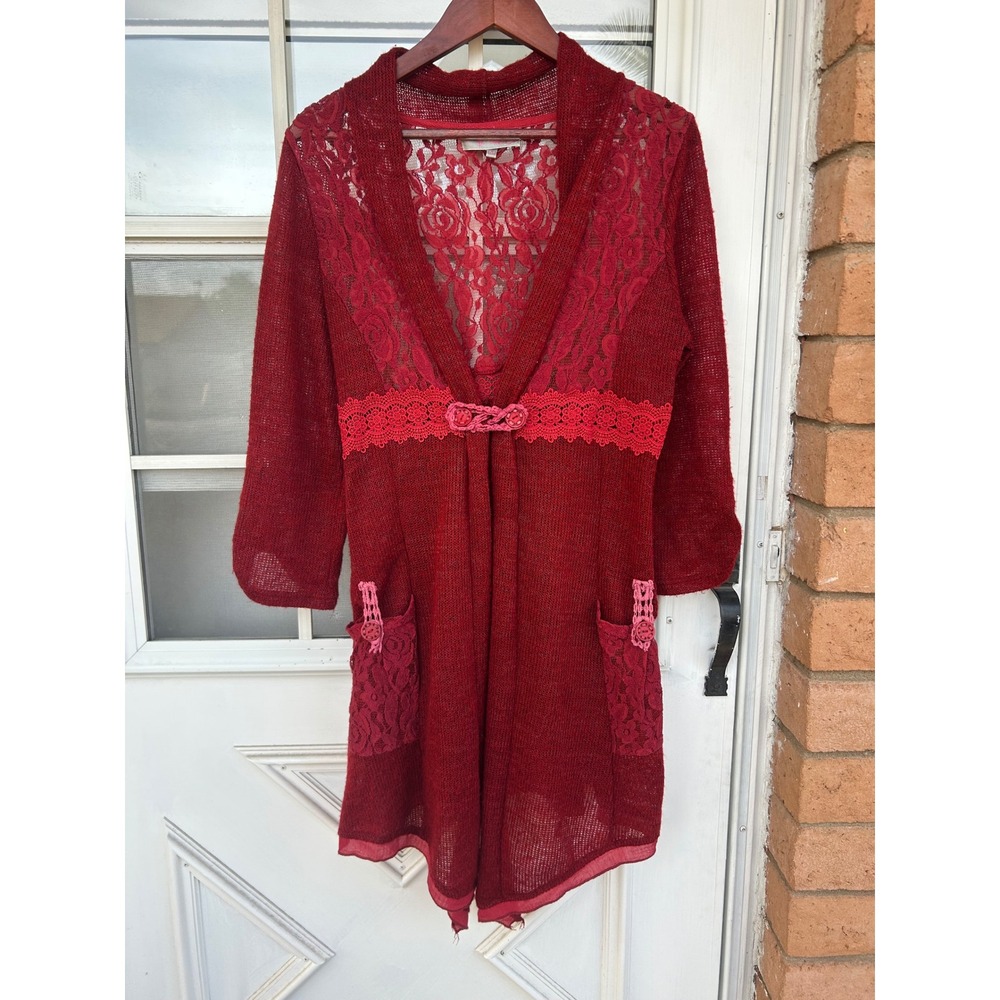 Pretty Angel Womens Burgundy Linen‎ Blend Lace Knit Cardigan M Whimsigoth
